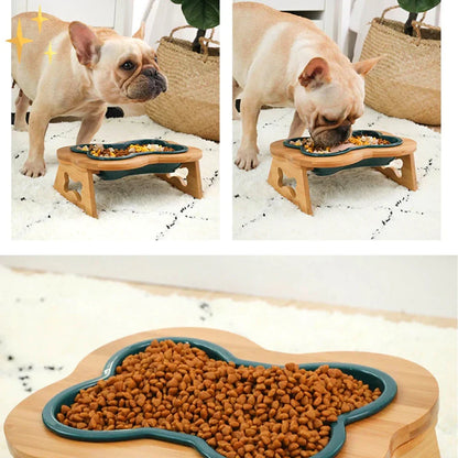 Elevated Ceramic Dog Bowl with Wooden Stand