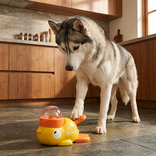 Interactive self-feeding dispenser for dogs