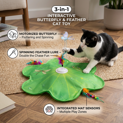3-in-1 Interactive Butterfly Cat Toy – Play Mat with Butterfly & Feather Teasers