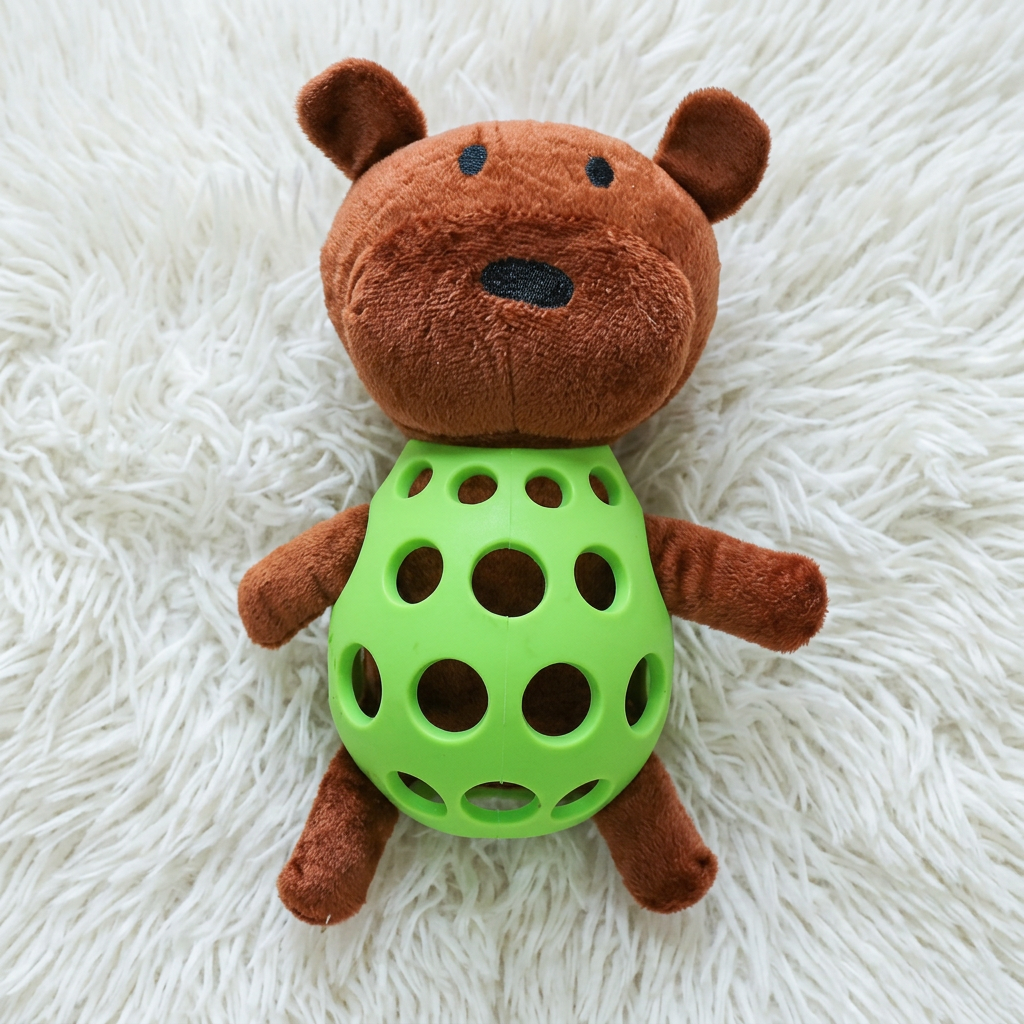 2-in-1 Bear Dog Toy – Squeaky Plush & Dental Chew Ball