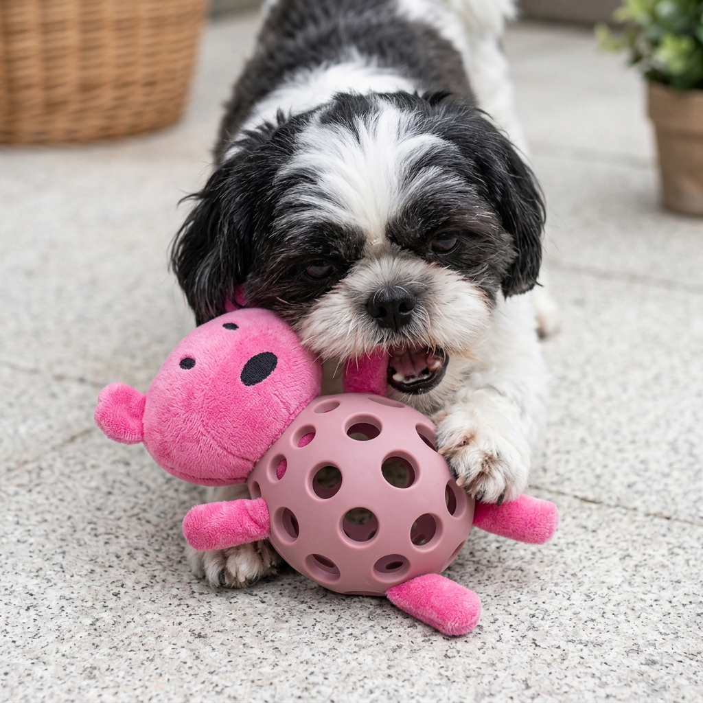 2-in-1 Bear Dog Toy – Squeaky Plush & Dental Chew Ball