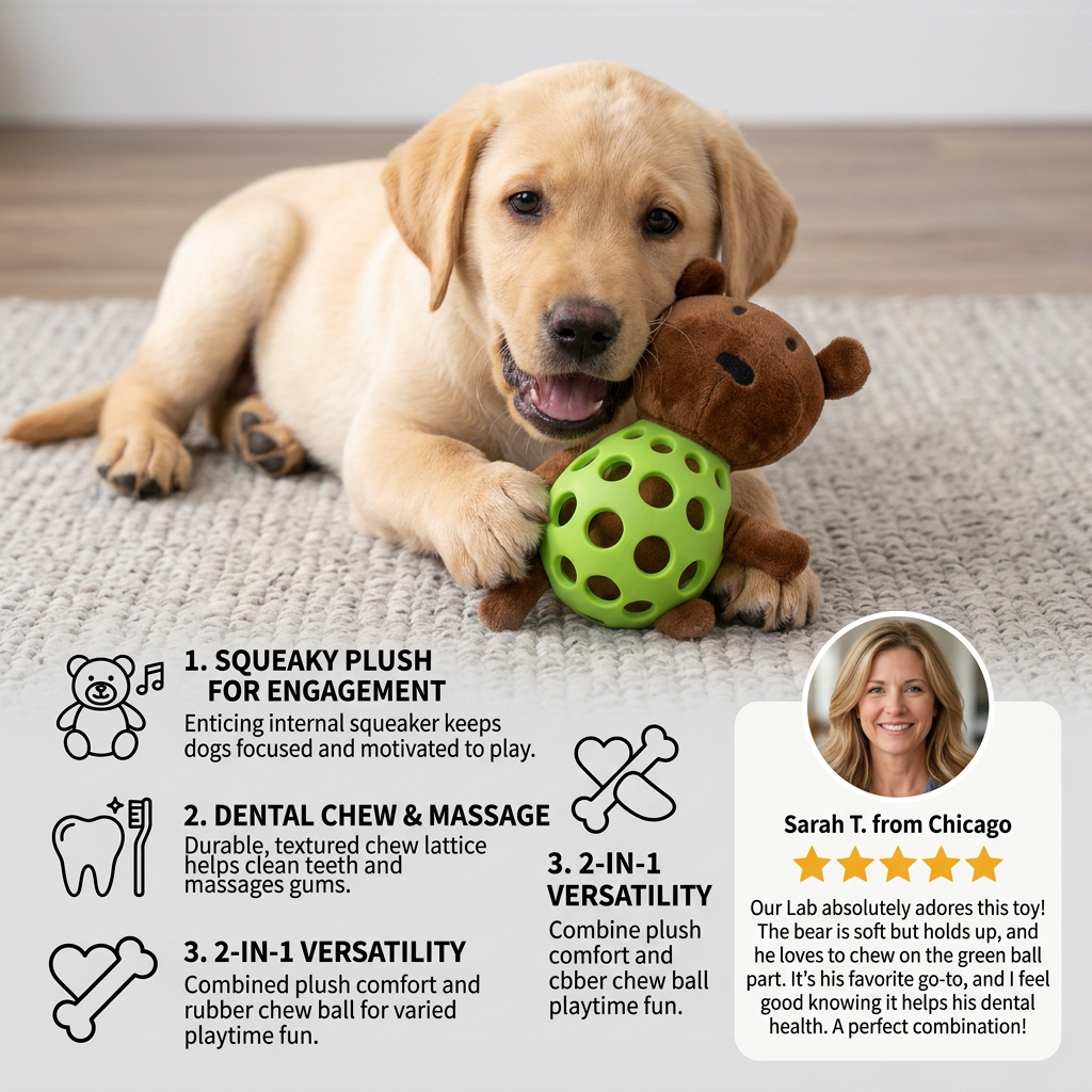 2-in-1 Bear Dog Toy – Squeaky Plush & Dental Chew Ball
