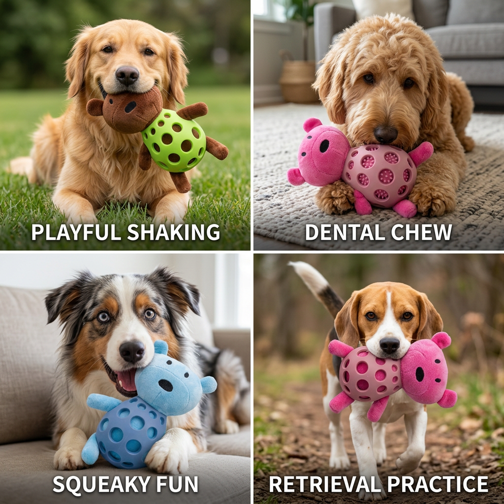 2-in-1 Bear Dog Toy – Squeaky Plush & Dental Chew Ball