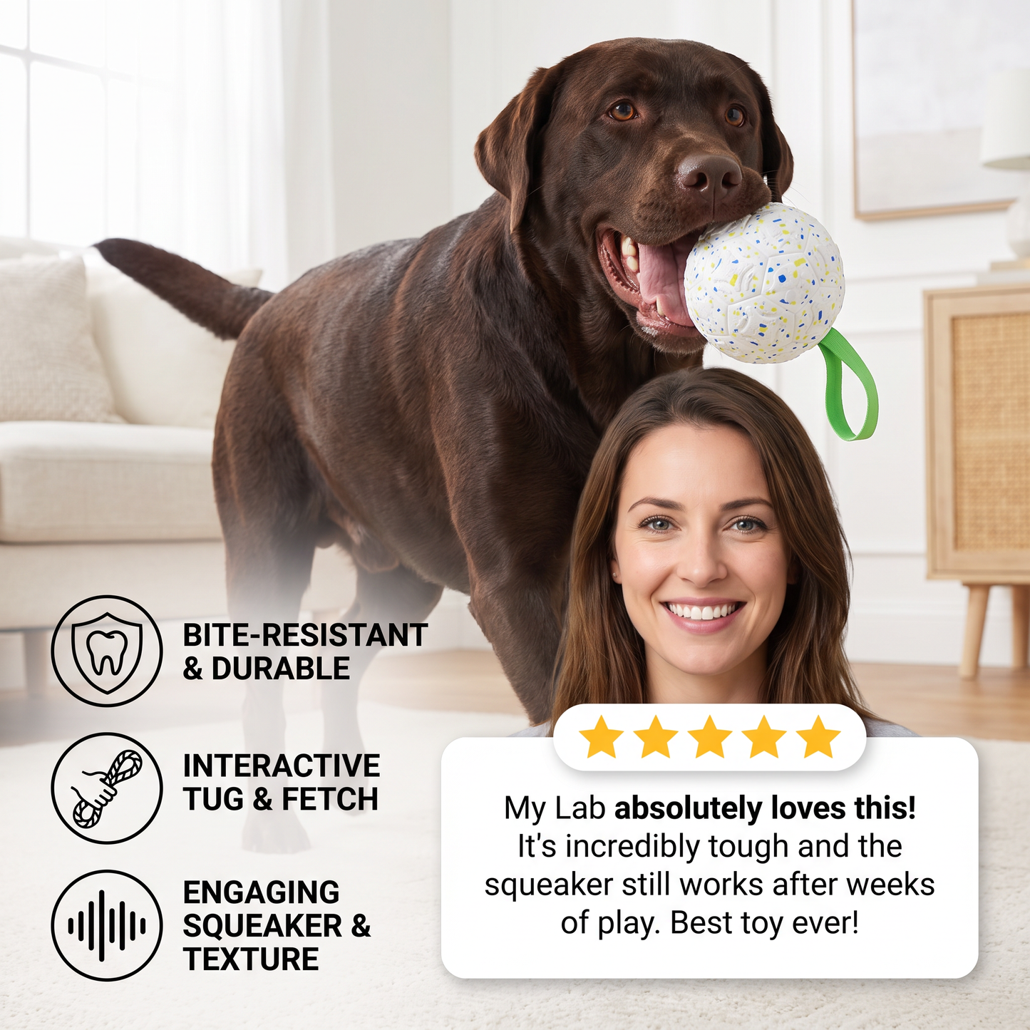 Indestructible Squeaky Dog Ball – Bite-Resistant Interactive Tug & Fetch Toy