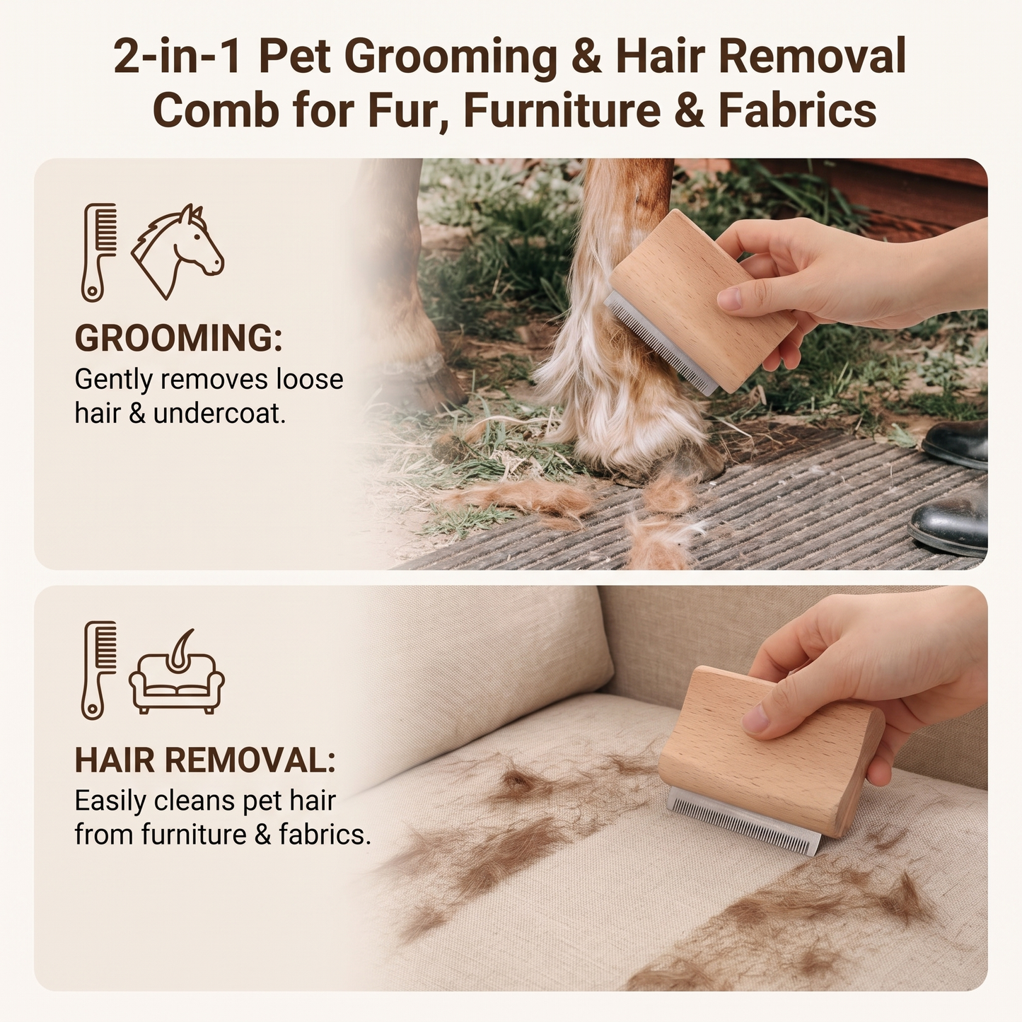 2-in-1 Pet Grooming & Hair Removal Comb for Fur, Furniture & Fabrics