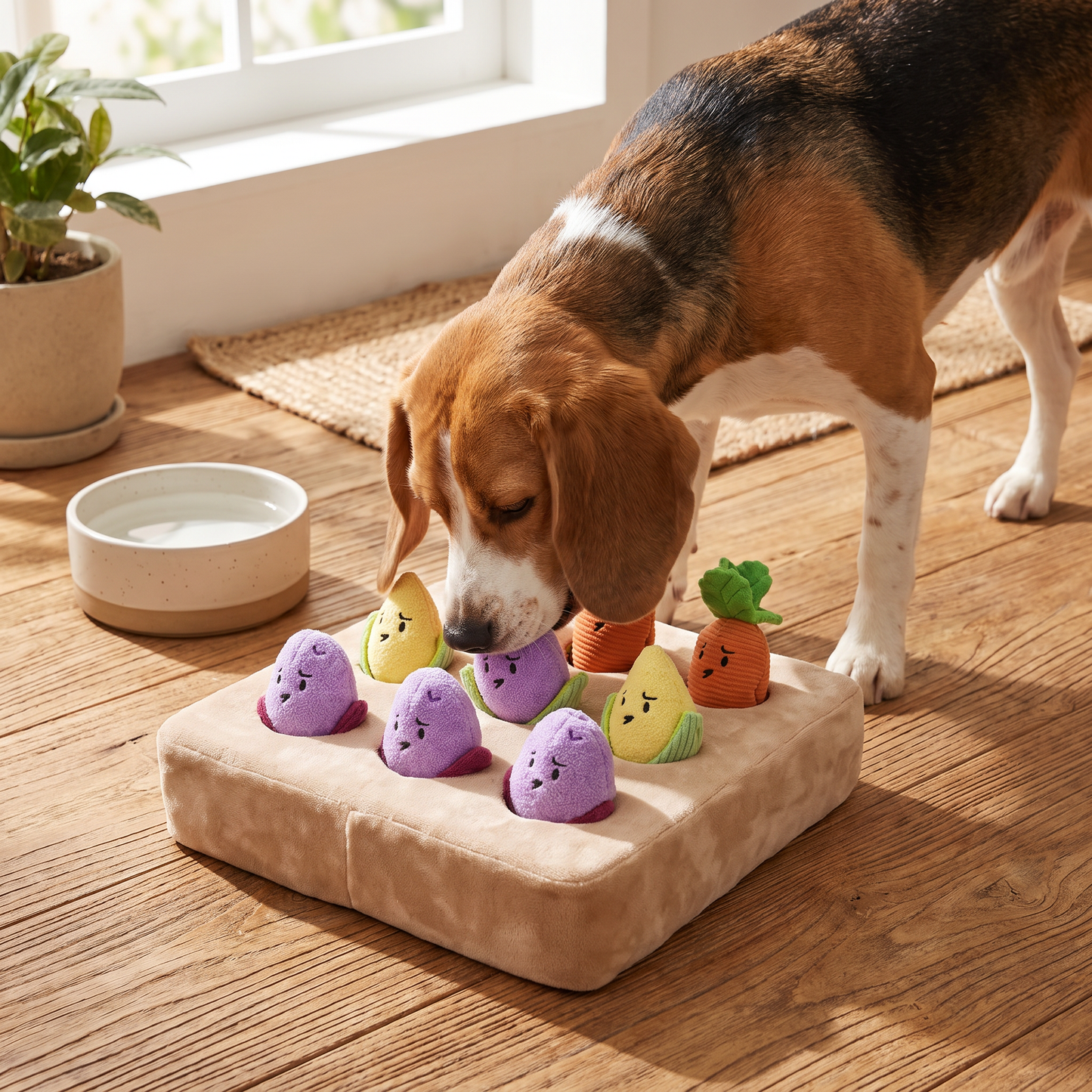Interactive Vegetable Garden Treat Toy – Hide & Seek Snuffle Puzzle with Squeaky Veggies