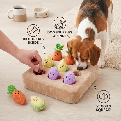 Interactive Vegetable Garden Treat Toy – Hide & Seek Snuffle Puzzle with Squeaky Veggies