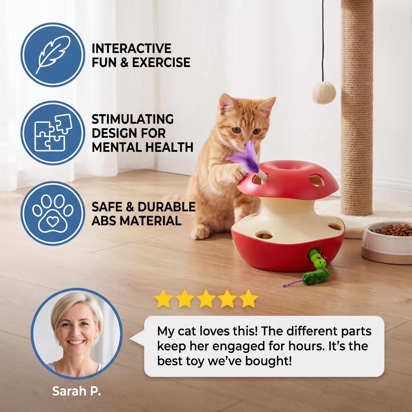 3-in-1 Apple-Shaped Cat Toy – Interactive Feather & Ball Toy
