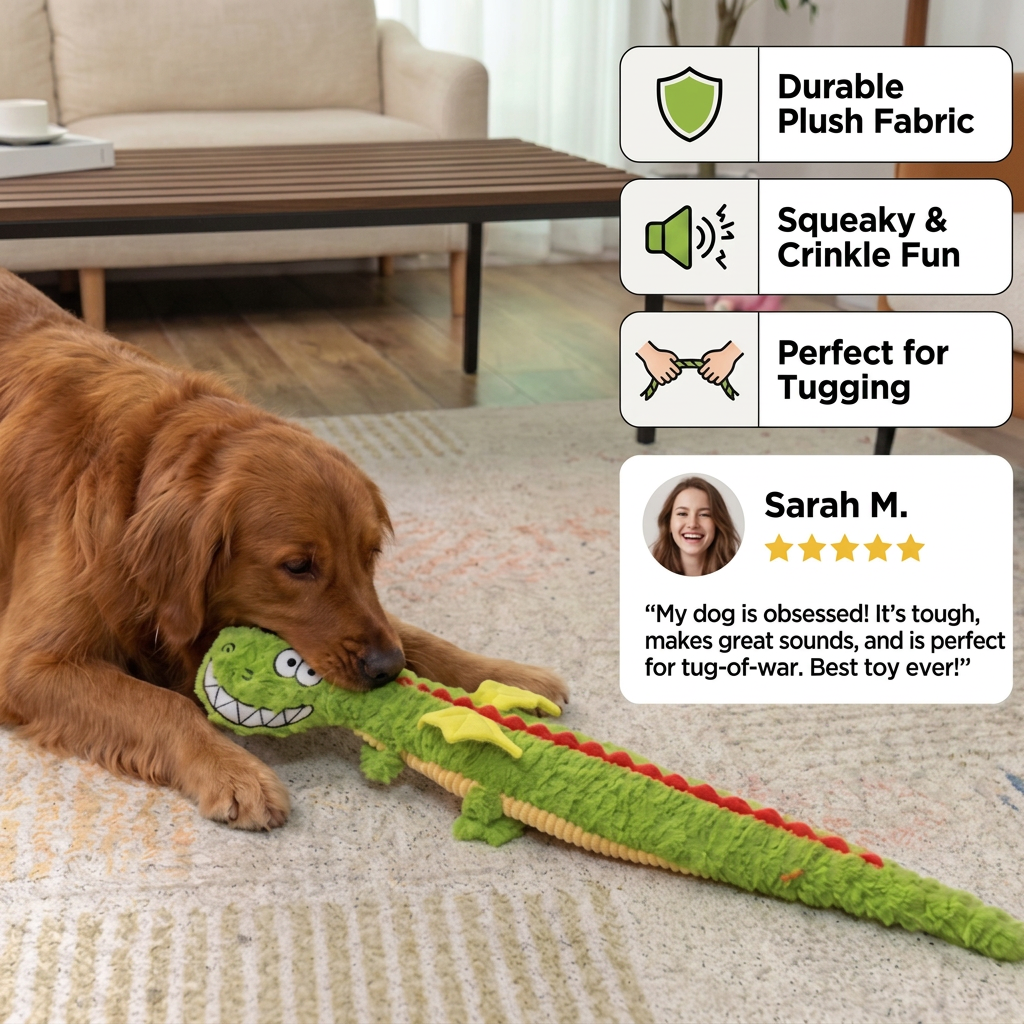 Durable Plush Dragon Dog Toy – Squeaky Crinkle Tug Toy