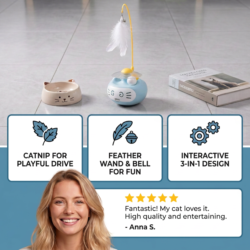 3in1 Interactive Catnip Cat Toy with Feather Wand & Bell