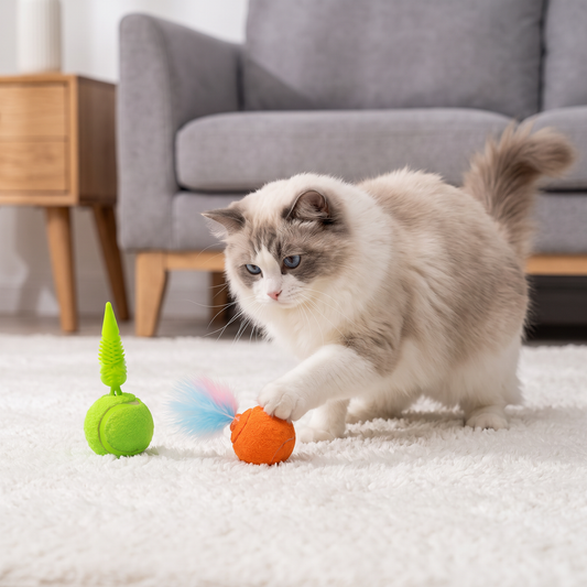 2-Pack Interactive Cat Balls – Plush Feather Tail & Squeaky Sound