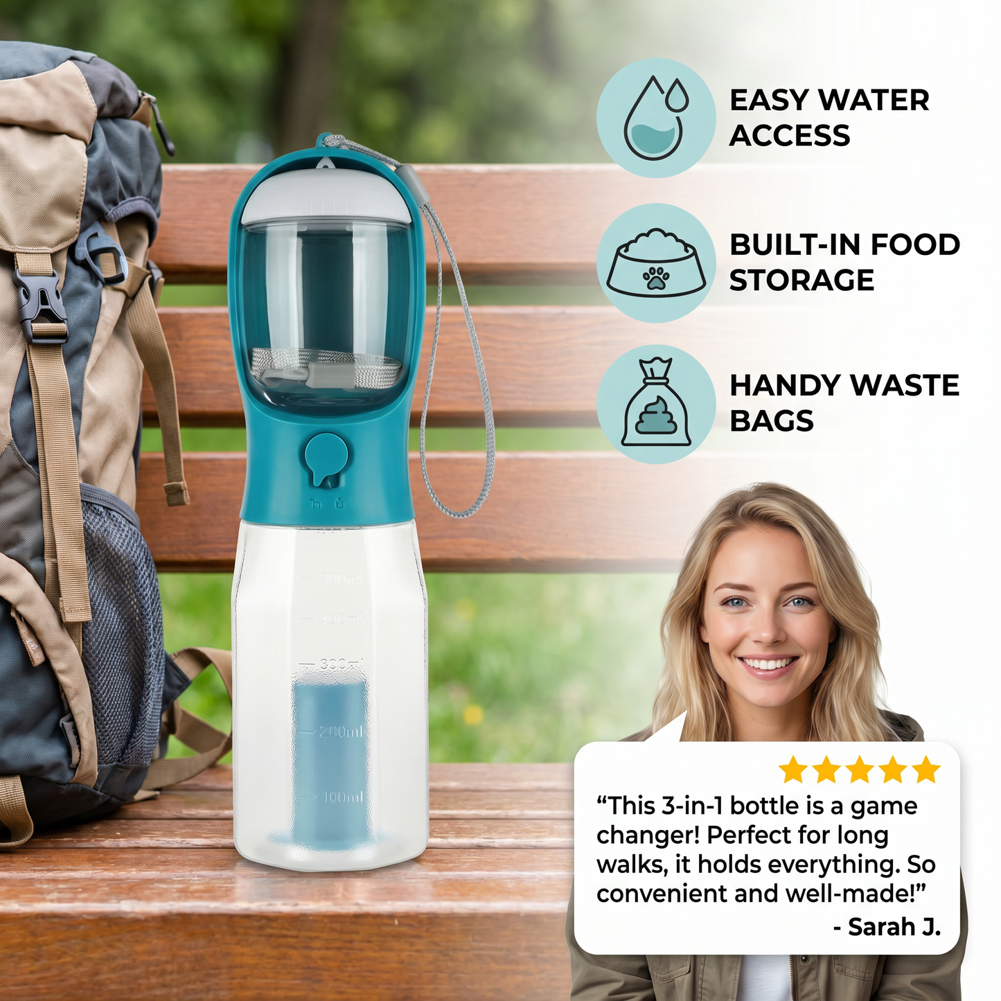 3 in 1 portable dog water bottle with food container and poop bag