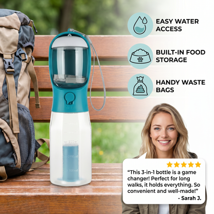 3 in 1 portable dog water bottle with food container and poop bag
