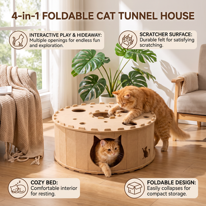 4-in-1 Foldable Cat Tunnel House – Interactive Hideaway, Scratcher & Play Bed