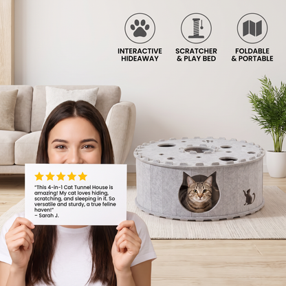 4-in-1 Foldable Cat Tunnel House – Interactive Hideaway, Scratcher & Play Bed