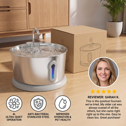 Smart Antibacterial Stainless Steel Pet Water Fountain – 4L Ultra-Quiet for Improved Pet Hydration & Health