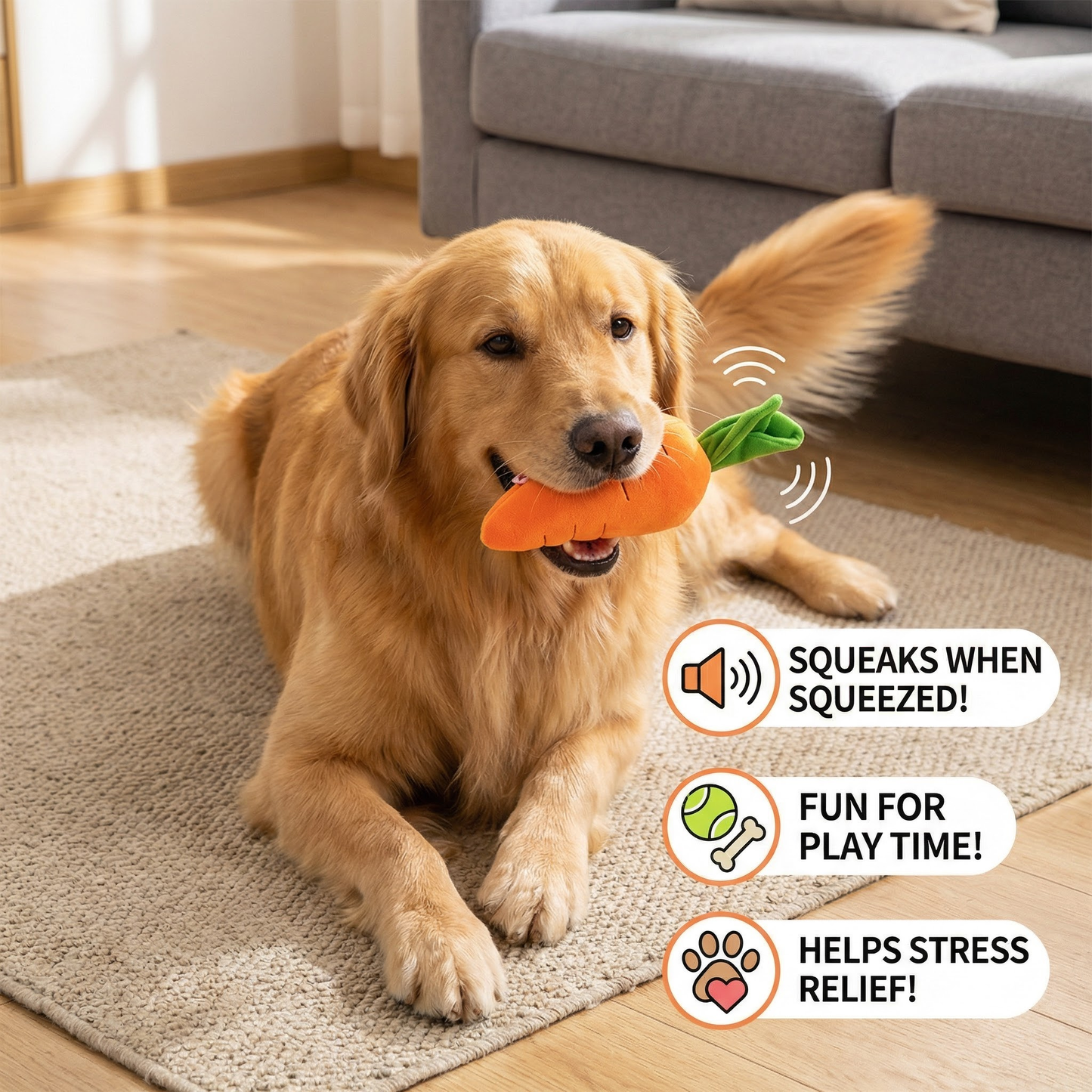 Squeaky carrot dog toy for stress relief and play time