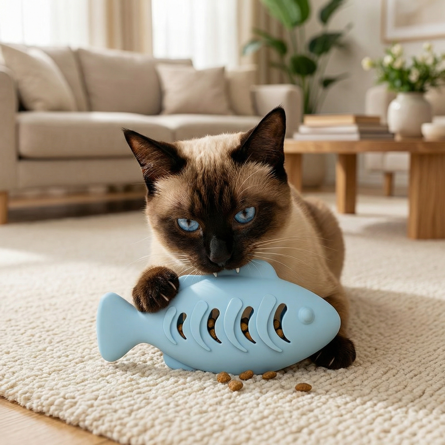 Teeth-cleaning chew & nibble fish – Interactive silicone snack dispenser for cats