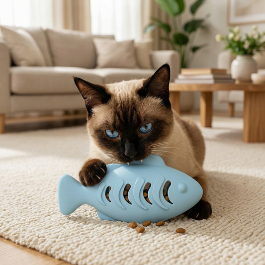 Teeth-cleaning chew & nibble fish – Interactive silicone snack dispenser for cats