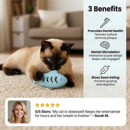 Teeth-cleaning chew & nibble fish – Interactive silicone snack dispenser for cats