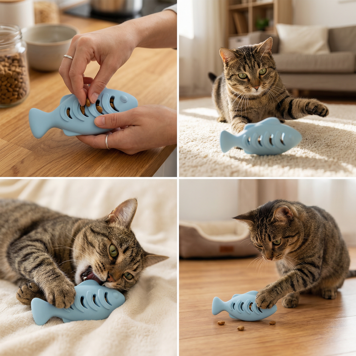 Teeth-cleaning chew & nibble fish – Interactive silicone snack dispenser for cats