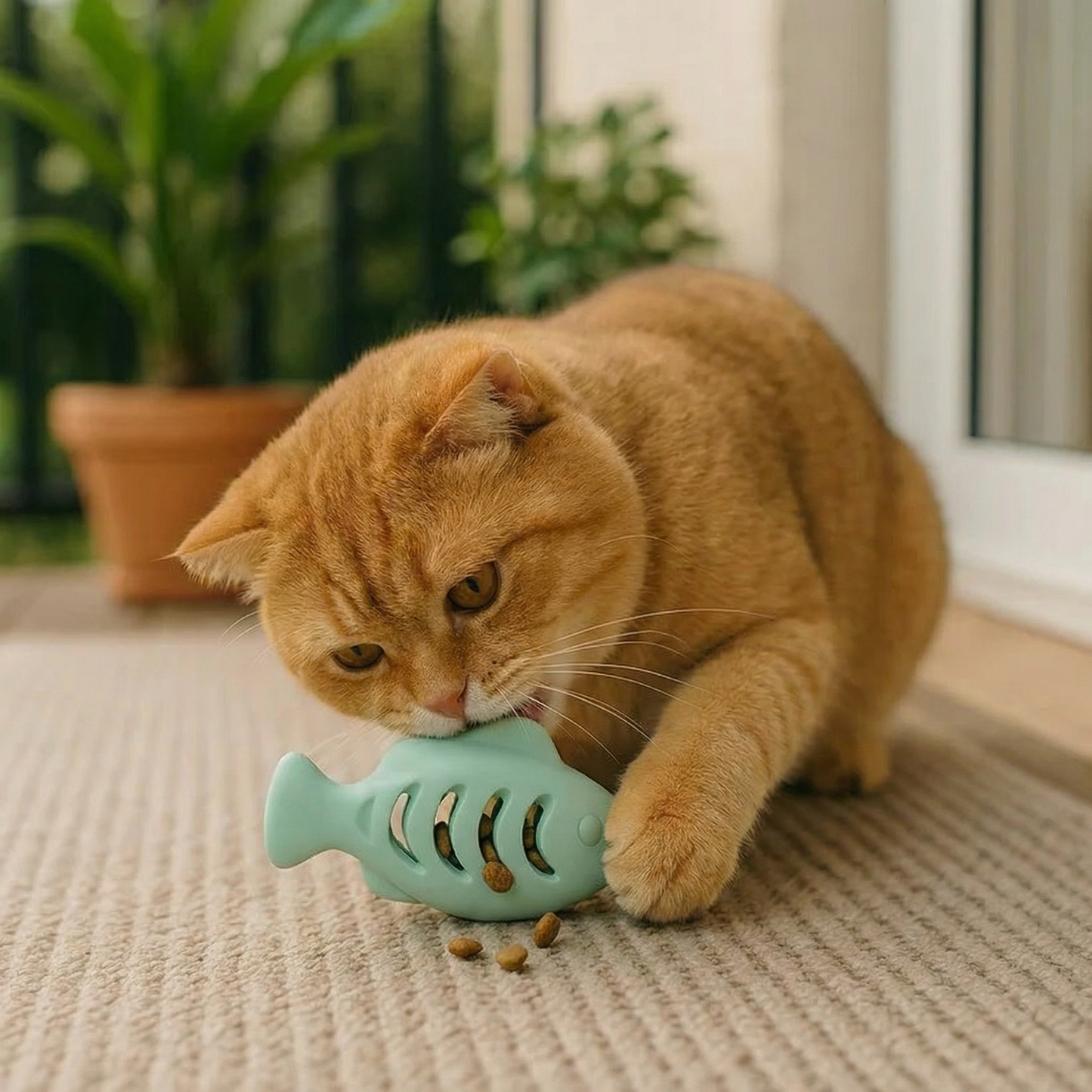 Teeth-cleaning chew & nibble fish – Interactive silicone snack dispenser for cats