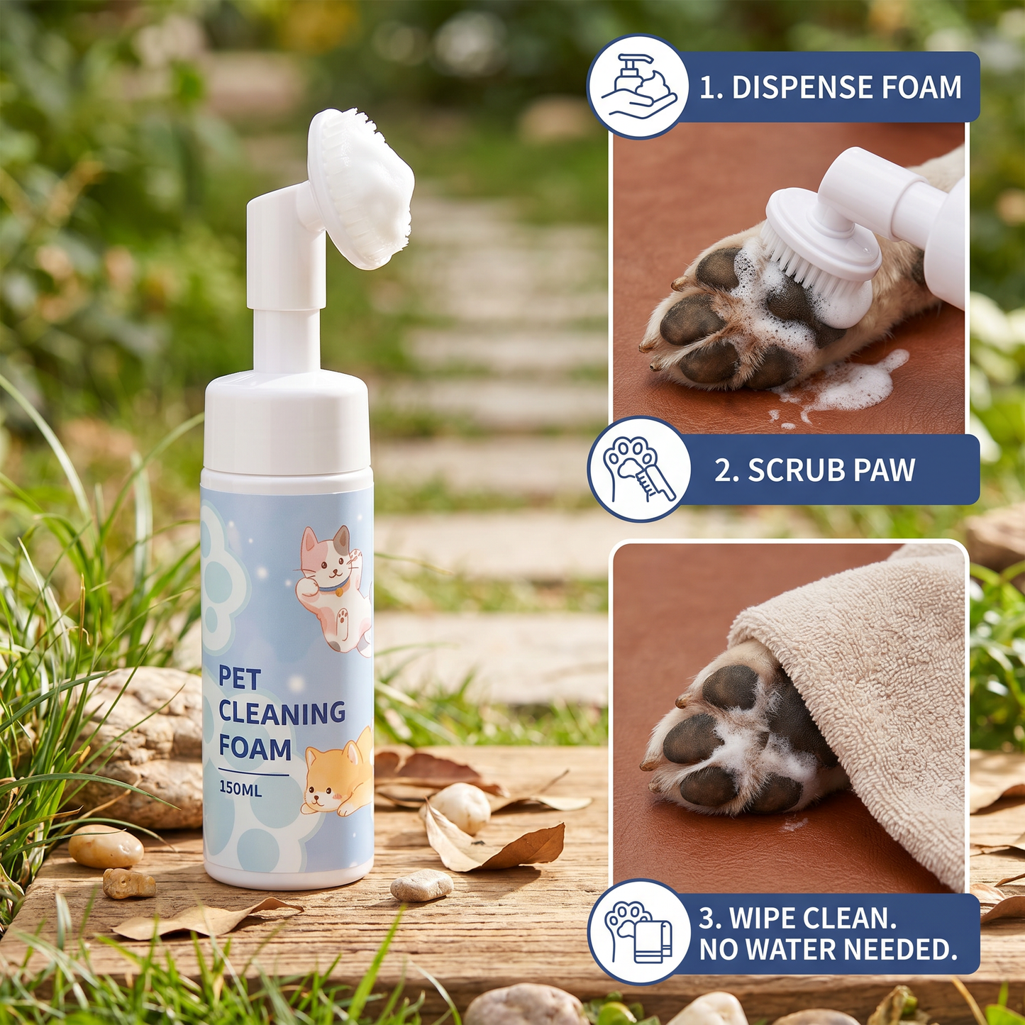 Gentle Waterless Paw Cleansing Foam with Brush for Dogs