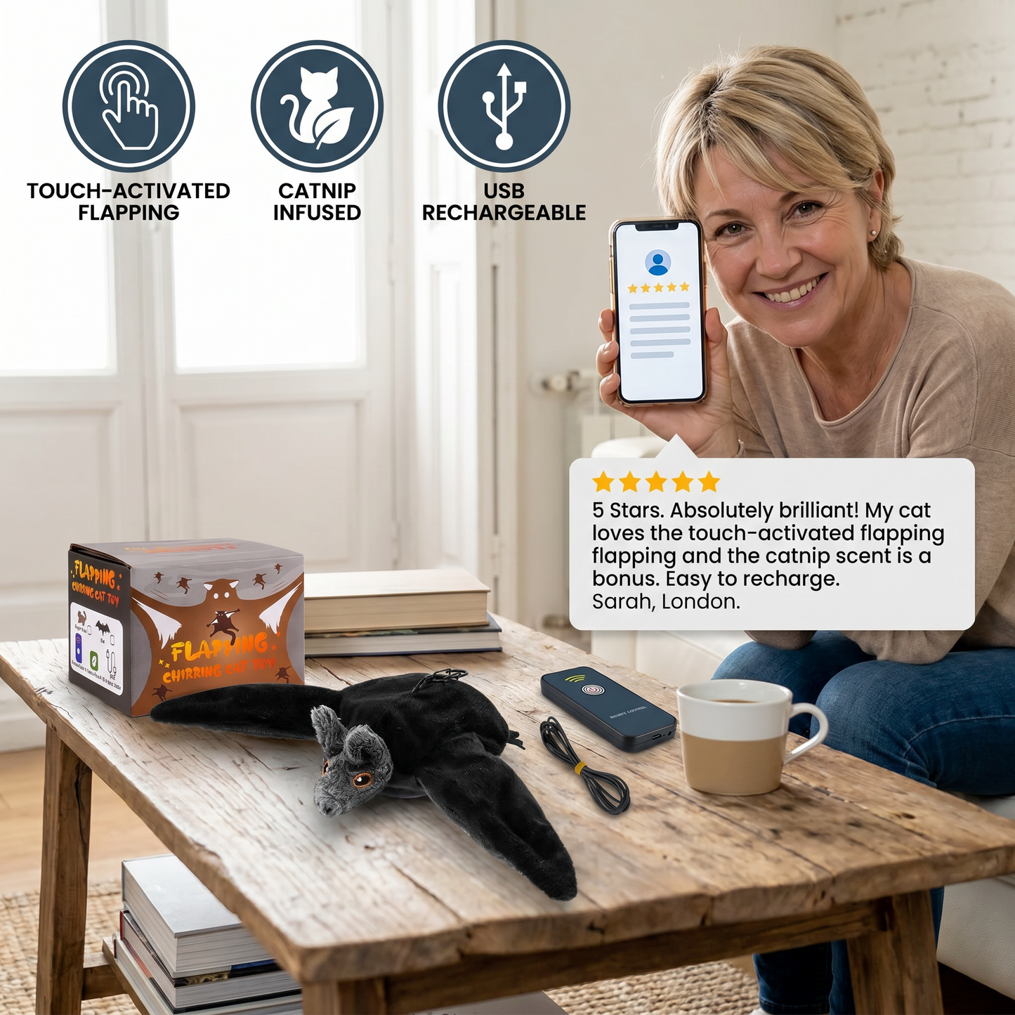 Touch—Activated Flapping Bat Dog Toy with Catnip
