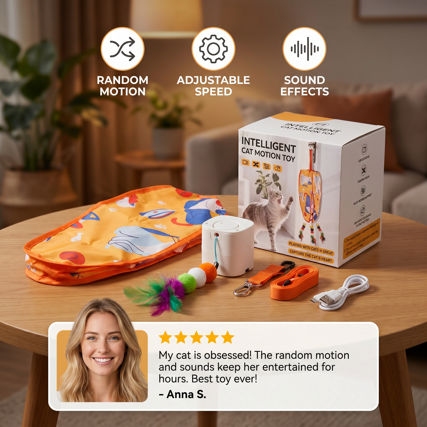 Automatic Hanging Cat Toy with Feather Teasers & Sound