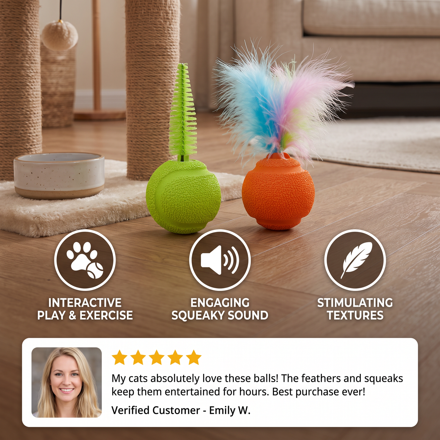 2-Pack Interactive Cat Balls – Plush Feather Tail & Squeaky Sound
