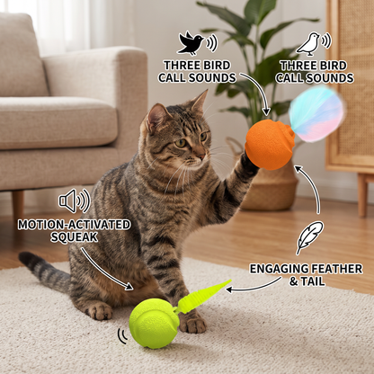 2-Pack Interactive Cat Balls – Plush Feather Tail & Squeaky Sound