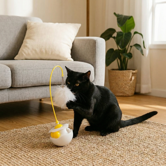 Wobbling feather and mint ball play station for cats