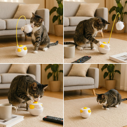 Wobbling feather and mint ball play station for cats