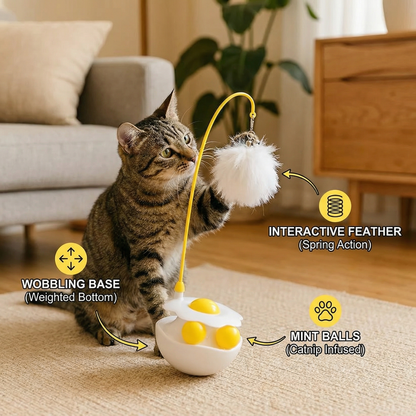 Wobbling feather and mint ball play station for cats