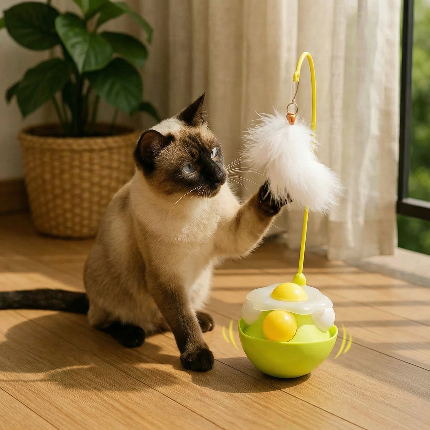 Wobbling feather and mint ball play station for cats