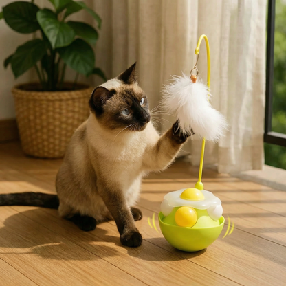 Wobbling feather and mint ball play station for cats