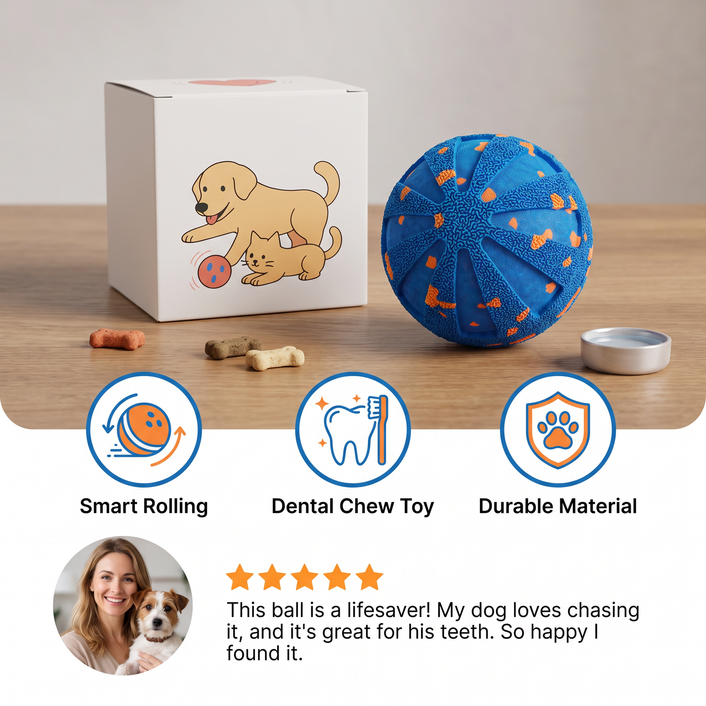 Interactive Rechargeable Dog Ball – Smart Rolling & Dental Chew Toy