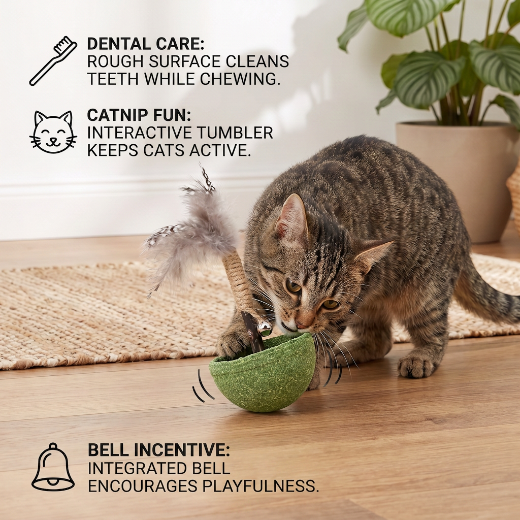 Teeth Cleaning Catnip Tumbler Cat Toy – Interactive Feather Teaser with Bell