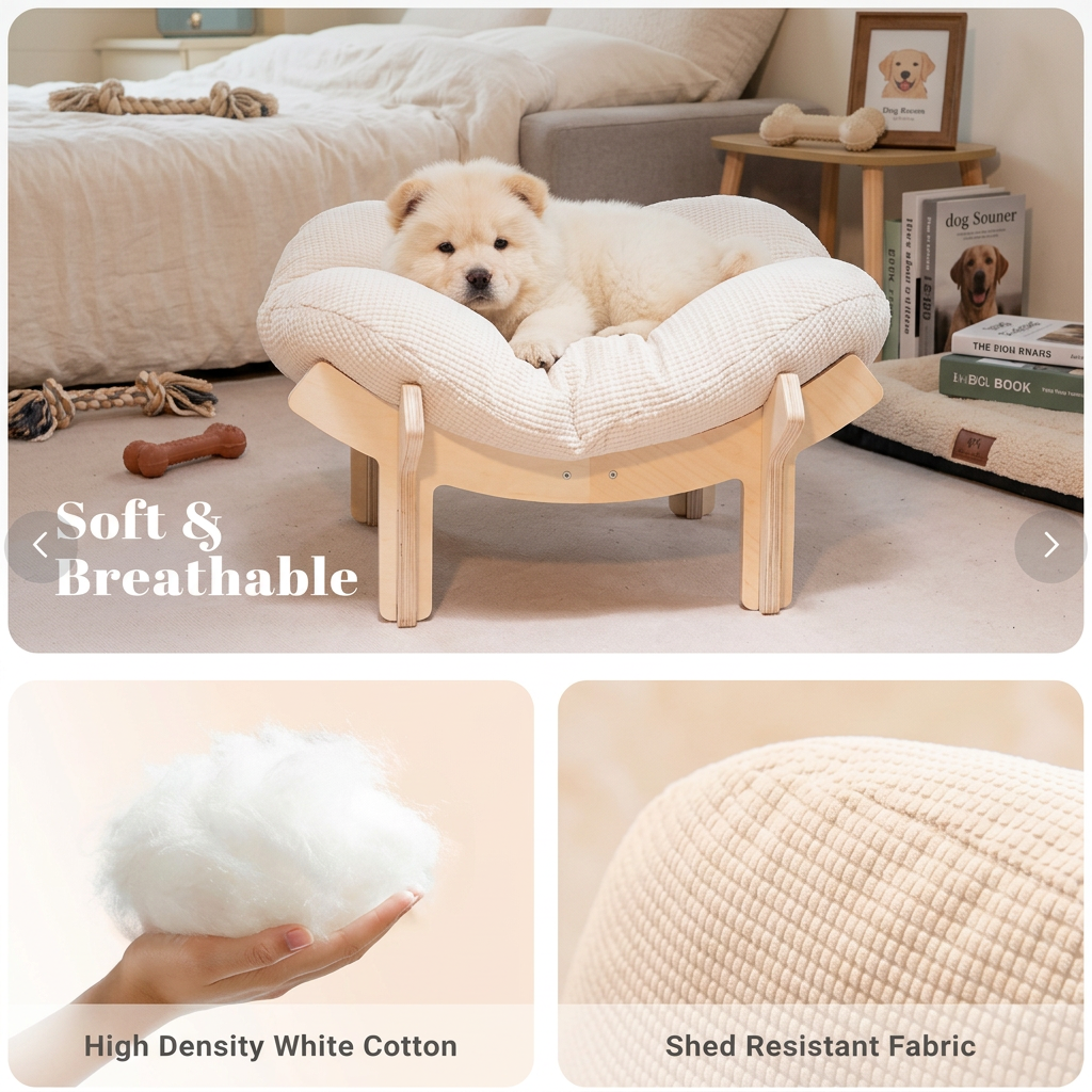 Luxury Elevated Wooden Flower Pet Bed with Plush Cushion