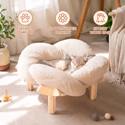 Luxury Elevated Wooden Flower Pet Bed with Plush Cushion