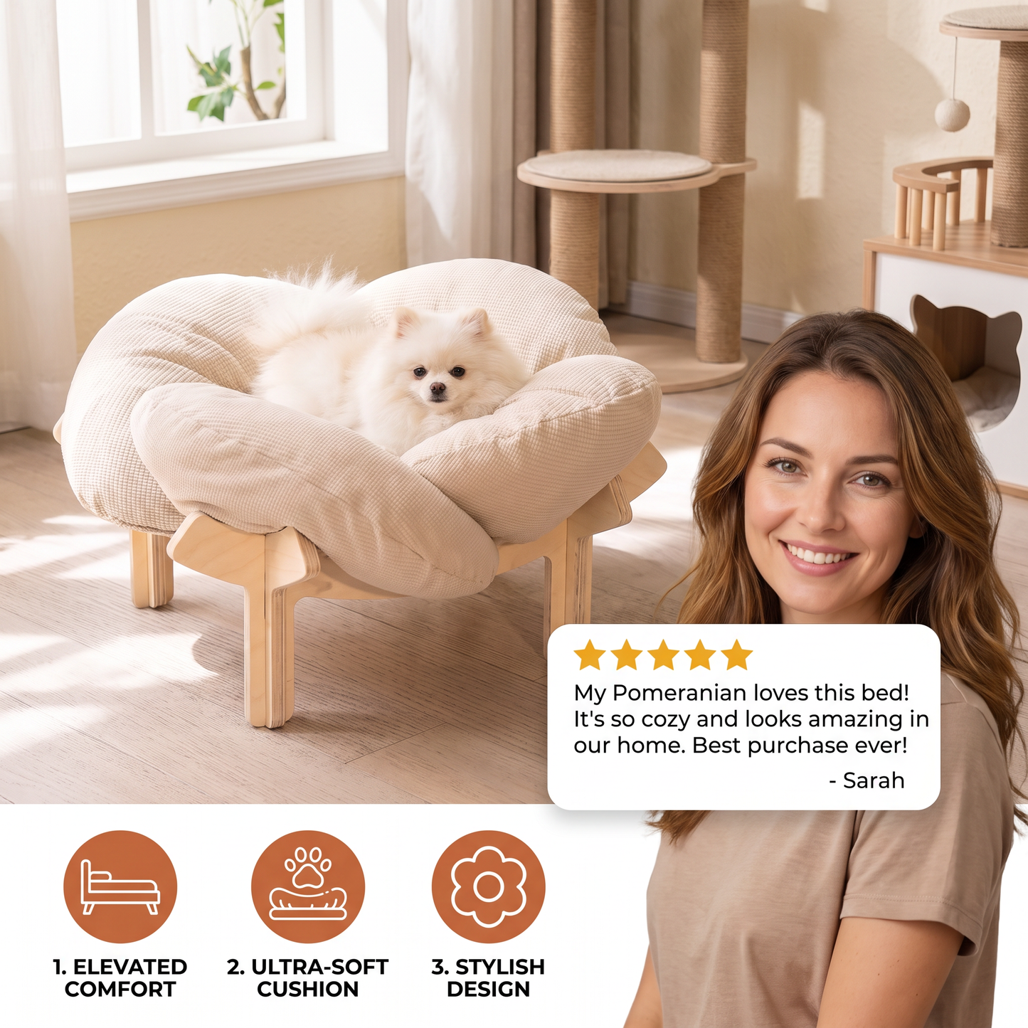 Luxury Elevated Wooden Flower Pet Bed with Plush Cushion