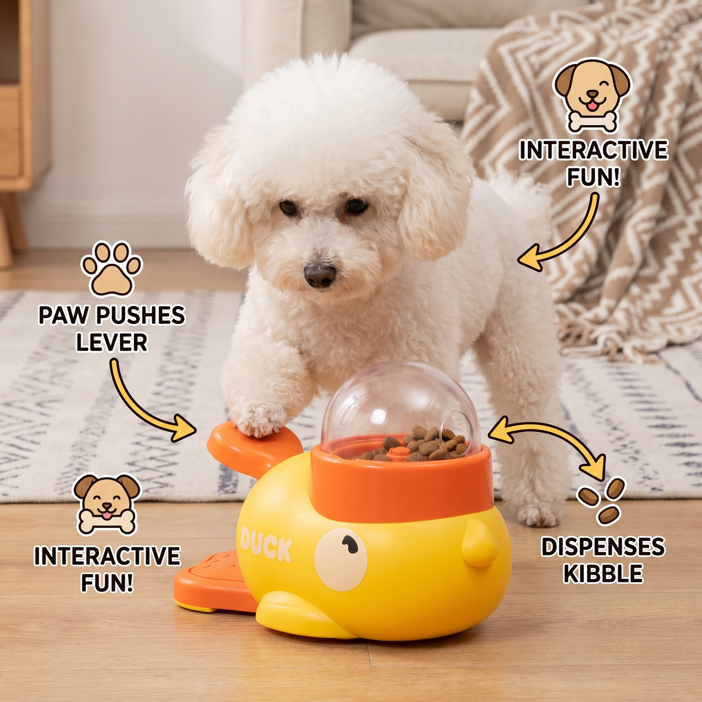 Interactive self-feeding dispenser for dogs
