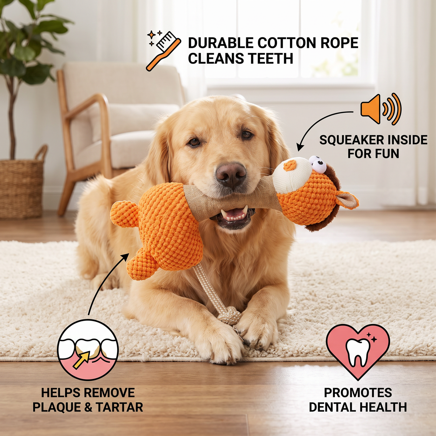 Durable Cotton Rope Teeth Cleaning Plush Dog Toy with Squeaker