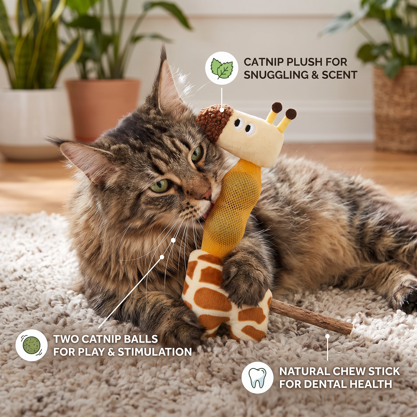3-in-1 Dental Giraffe Cat Toy – Plush, Catnip Balls & Natural Chew Stick