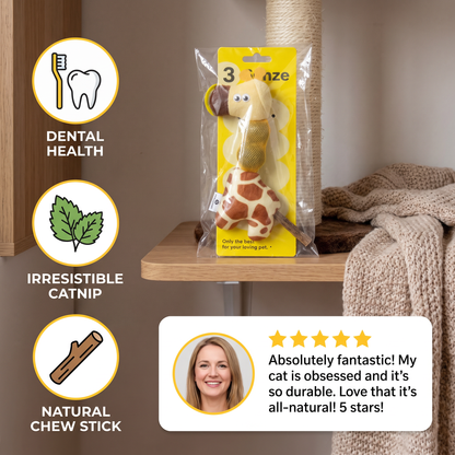 3-in-1 Dental Giraffe Cat Toy – Plush, Catnip Balls & Natural Chew Stick