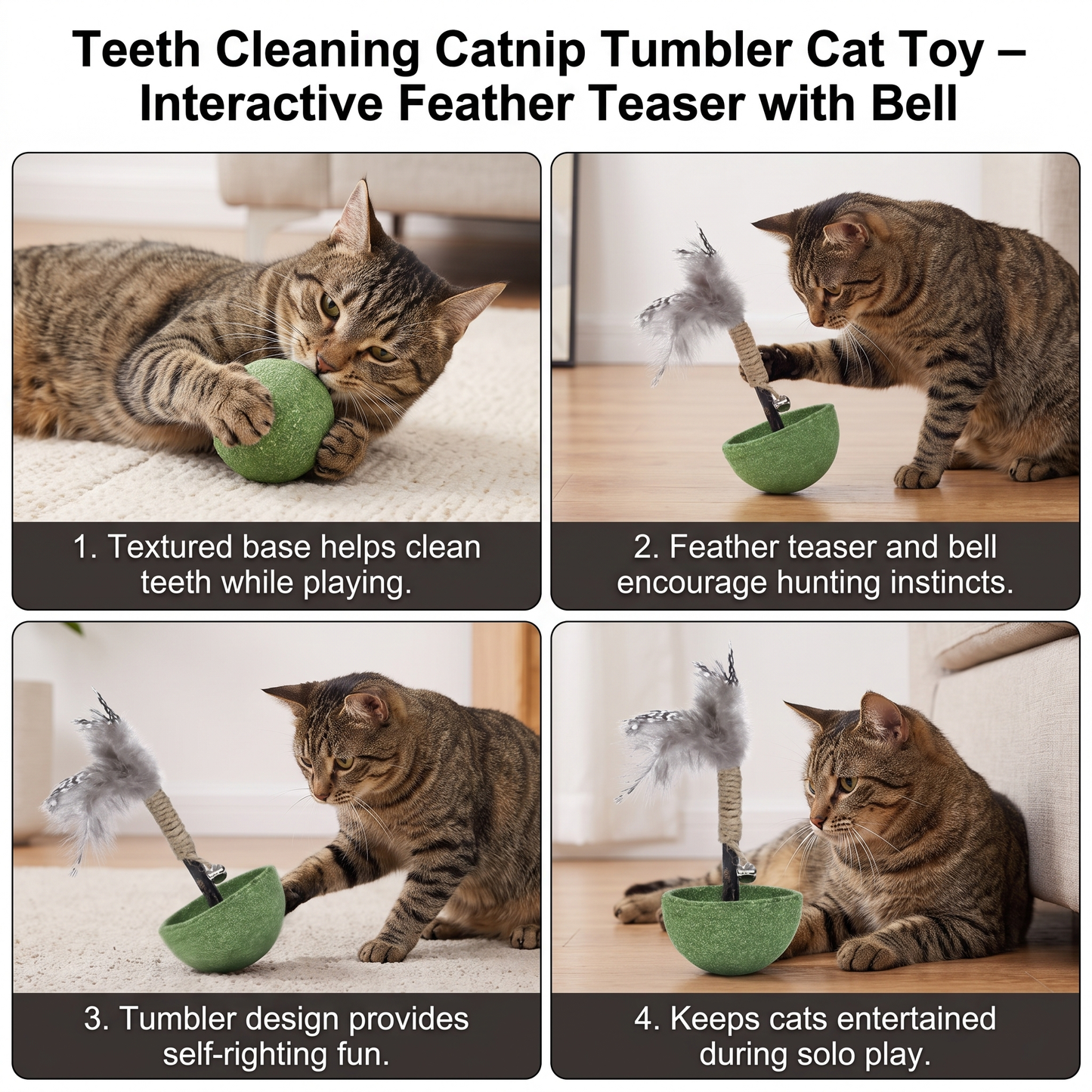 Teeth Cleaning Catnip Tumbler Cat Toy – Interactive Feather Teaser with Bell