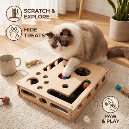 Interactive Wooden Cat Puzzle Box – Scratch, Hide & Treat Enrichment Toy