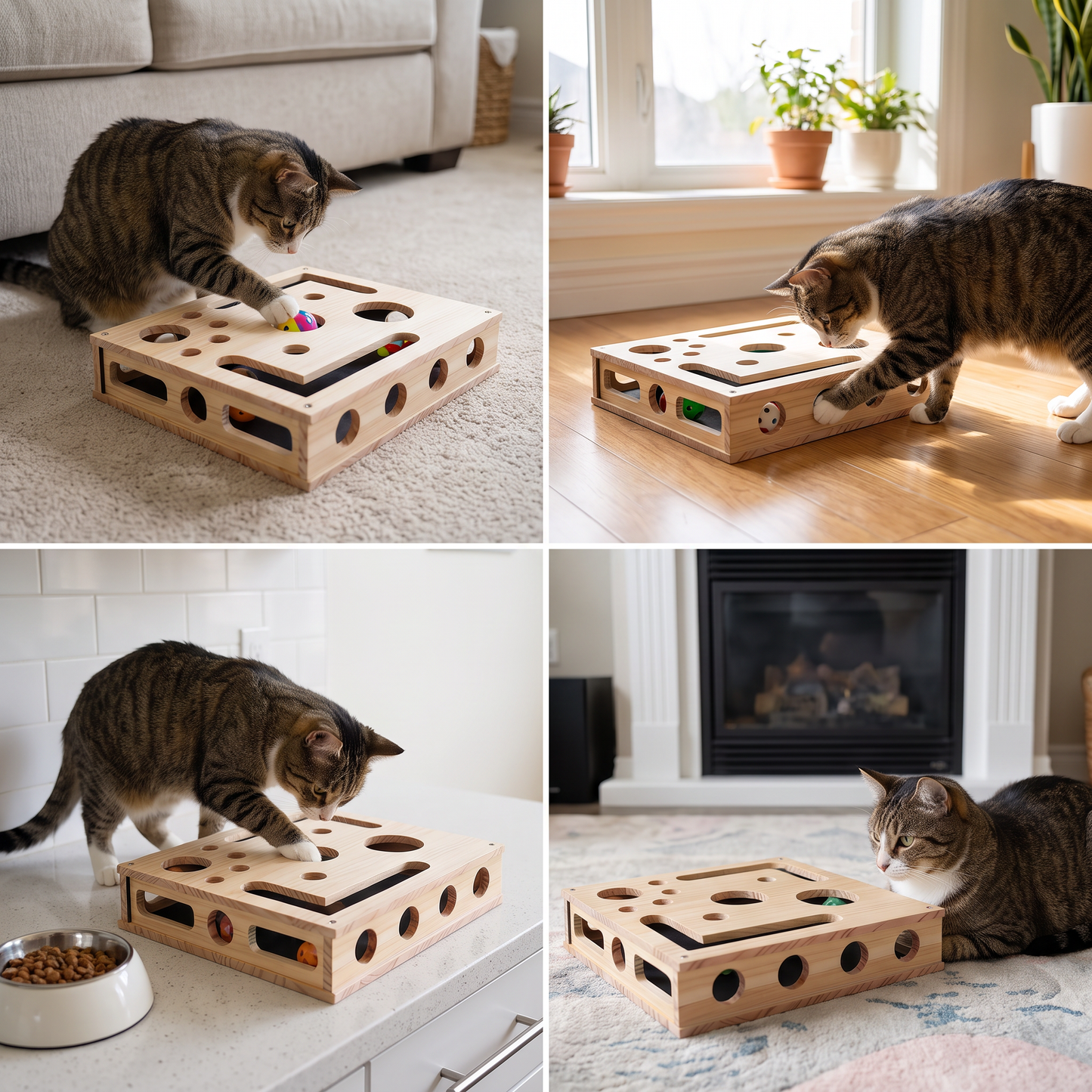 Interactive Wooden Cat Puzzle Box – Scratch, Hide & Treat Enrichment Toy