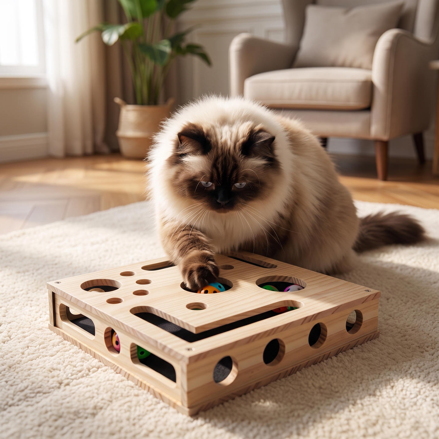 Interactive Wooden Cat Puzzle Box – Scratch, Hide & Treat Enrichment Toy