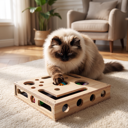 Interactive Wooden Cat Puzzle Box – Scratch, Hide & Treat Enrichment Toy